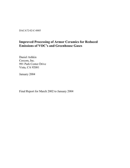 Improved Processing of Armor Ceramics for Reduced Emissions of VOC's and Greenhouse Gases