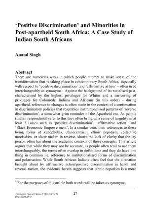 And Minorities in Post-Apartheid South Africa: a Case Study of Indian South Africans