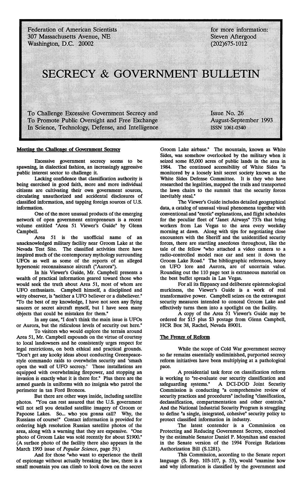 Secrecy & Government Bulletin, Issue No. 26, August-September 1993
