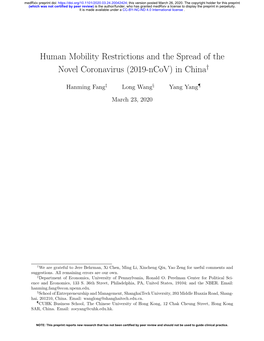 Human Mobility Restrictions and the Spread of the Novel Coronavirus (2019-Ncov) in China†