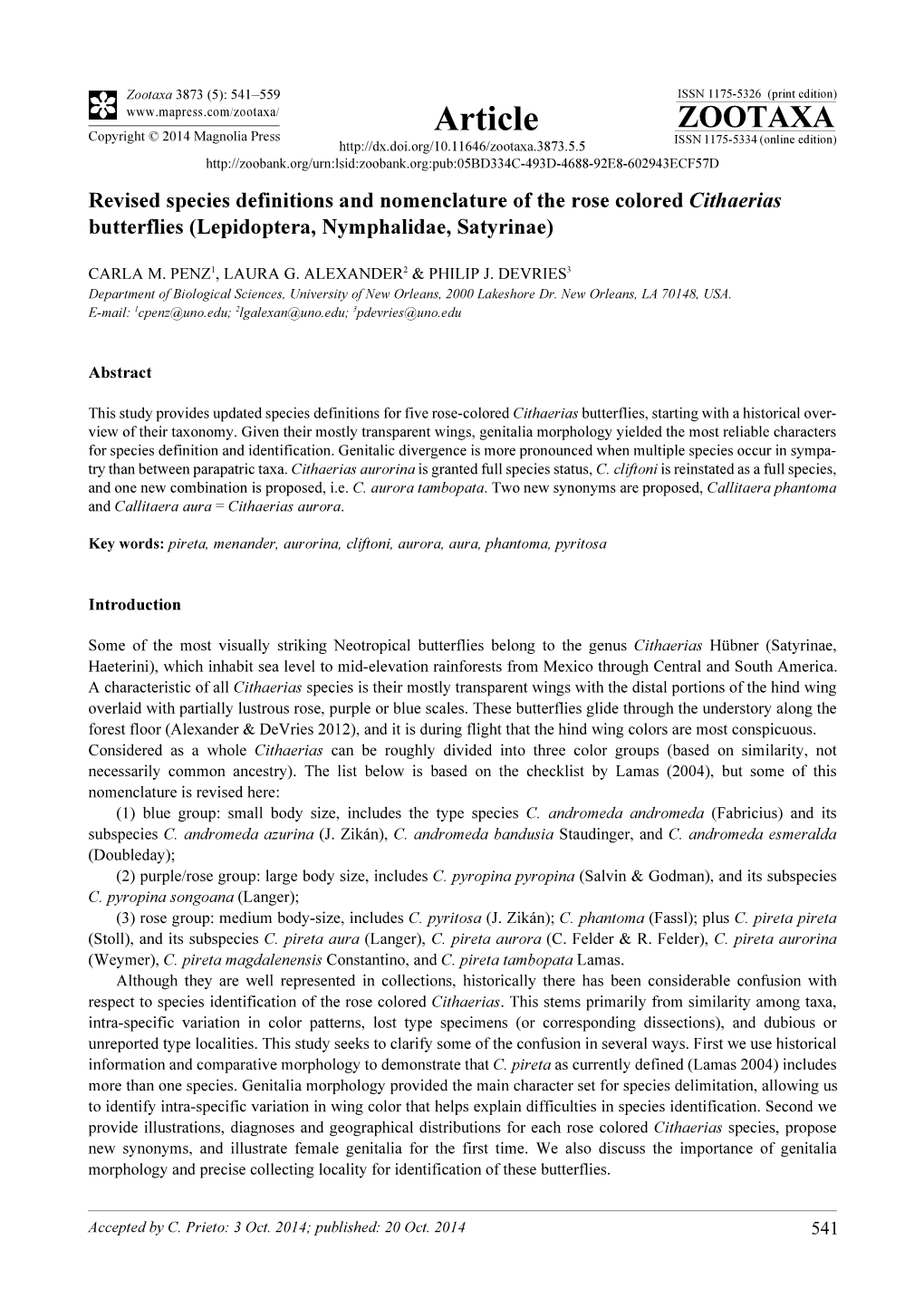 Revised Species Definitions and Nomenclature of the Rose Colored Cithaerias Butterflies (Lepidoptera, Nymphalidae, Satyrinae)