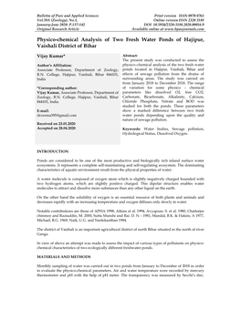 Physico-Chemical Analysis of Two Fresh Water Ponds of Hajipur, Vaishali District of Bihar