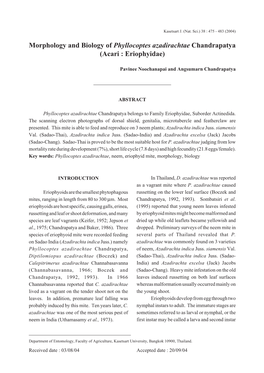Morphology and Biology of Phyllocoptes Azadirachtae Chandrapatya (Acari : Eriophyidae)