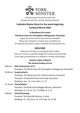 Cathedral Notice Sheet for the Week Beginning Sunday 8 March 2020