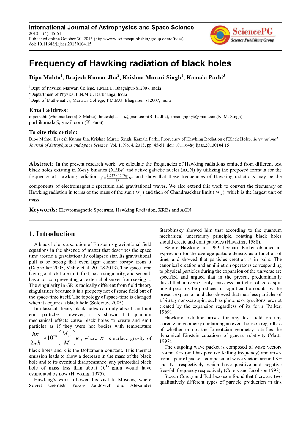 Frequency of Hawking Radiation of Black Holes