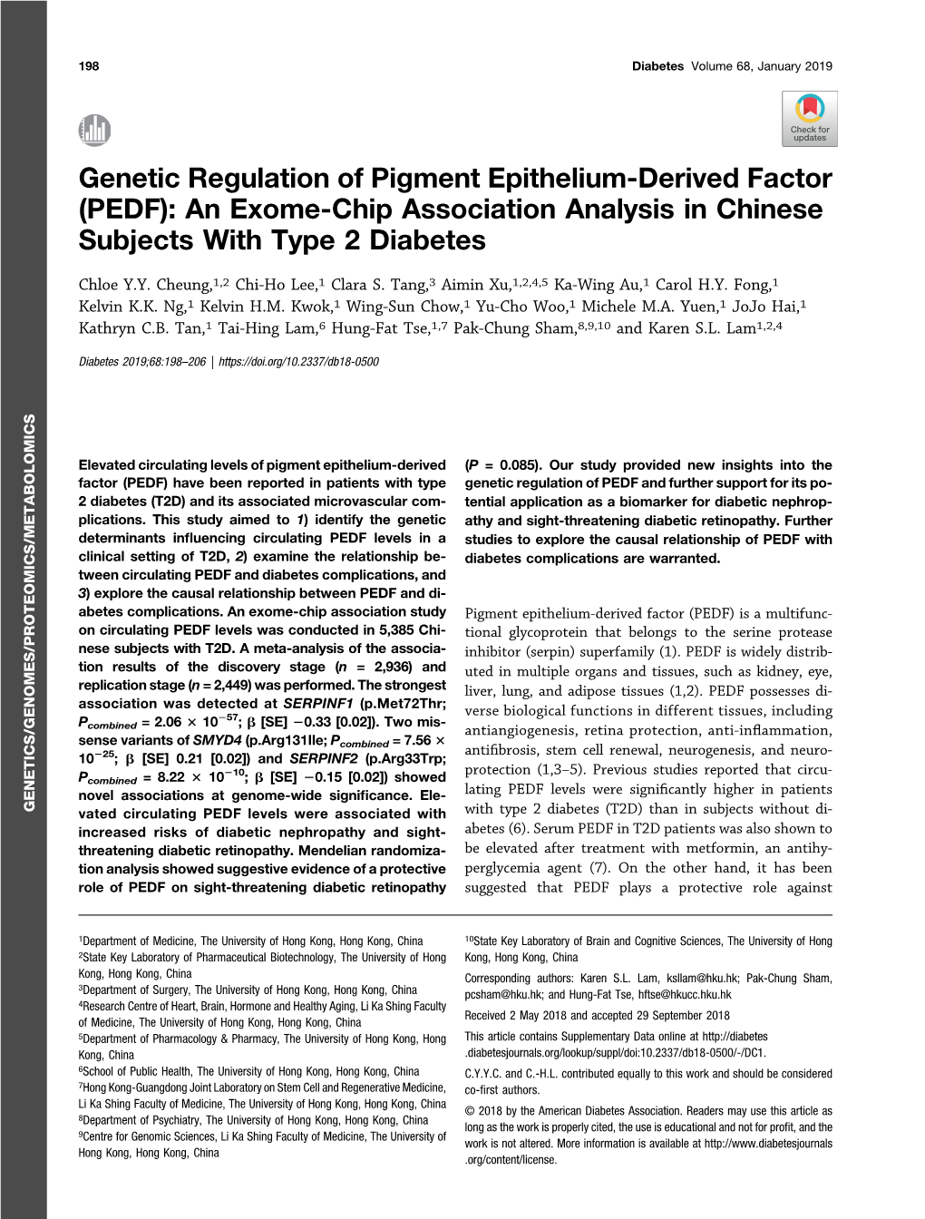 Genetic Regulation of Pigment Epithelium-Derived Factor (PEDF): an Exome-Chip Association Analysis in Chinese Subjects with Type 2 Diabetes