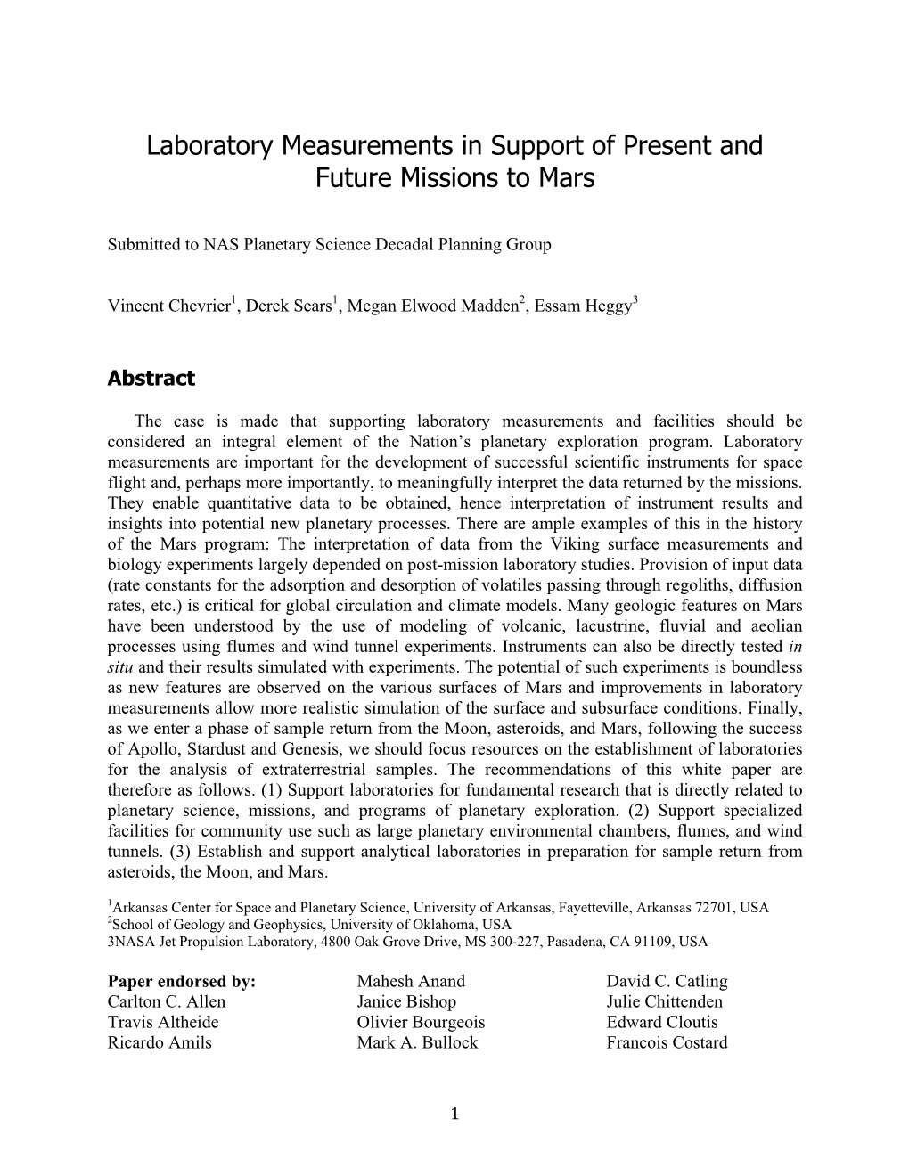 Laboratory Measurements in Support of Present and Future Missions to Mars