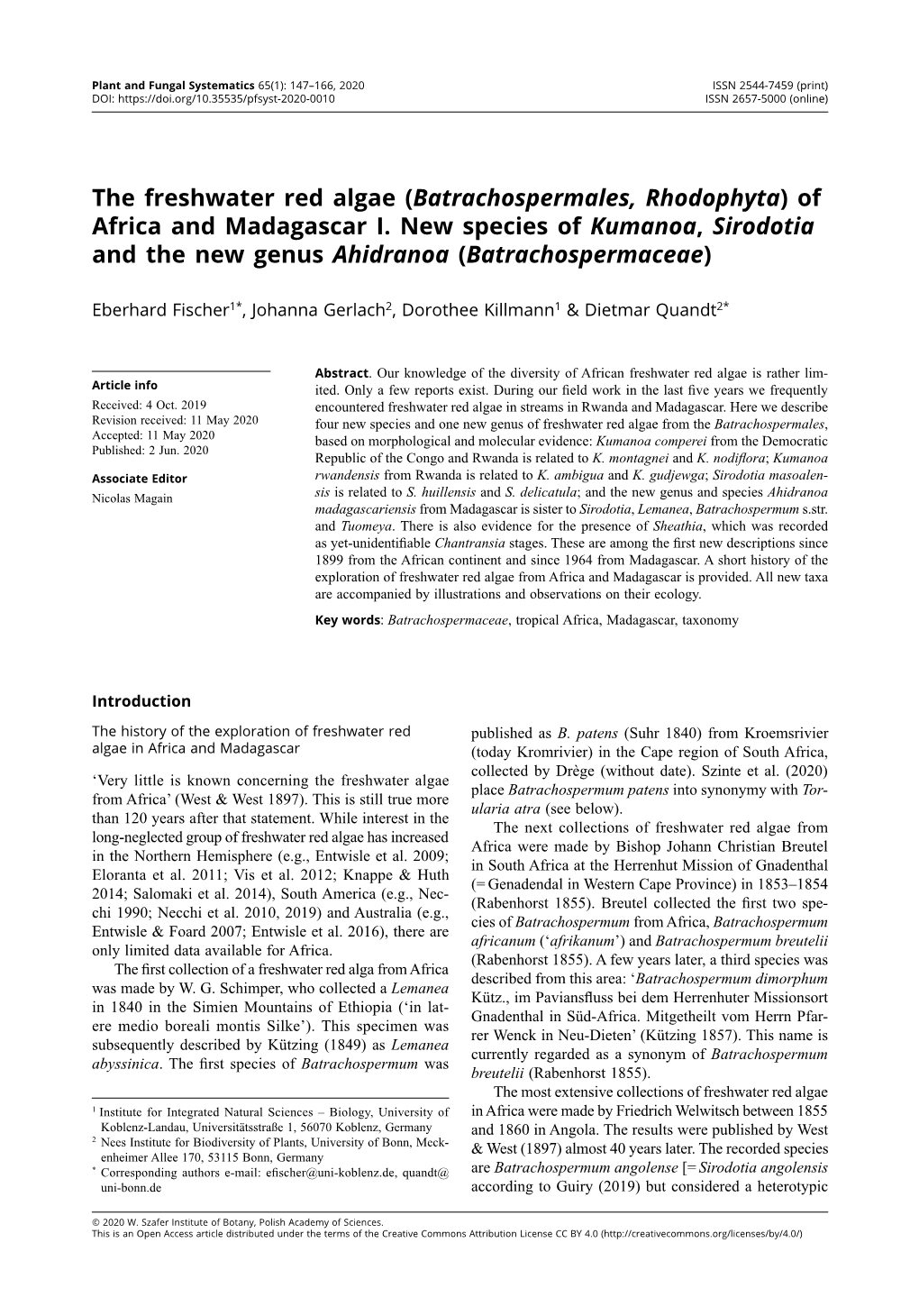 The Freshwater Red Algae (Batrachospermales, Rhodophyta) of Africa and Madagascar I