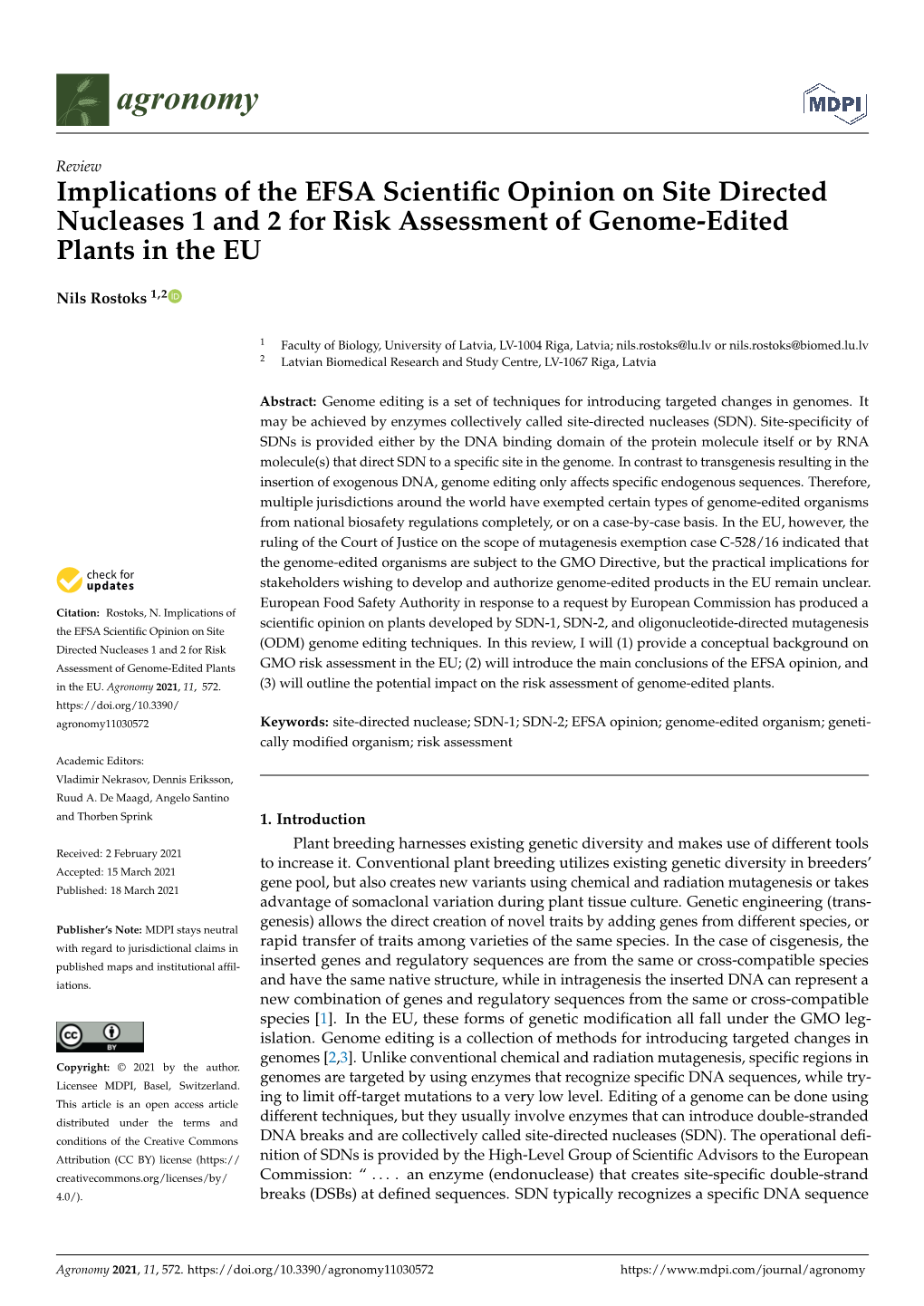 Implications of the EFSA Scientific Opinion on Site Directed Nucleases