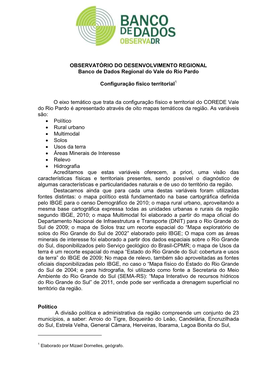 OBSERVATÓRIO DO DESENVOLVIMENTO REGIONAL Banco De Dados Regional Do Vale Do Rio Pardo