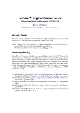 Logical Consequence Philosophy of Logic and Language — HT 2017-18