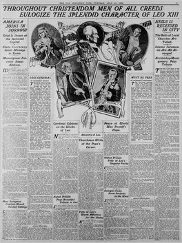 EULOGIZE the SPLENDID CHARACTER of LEO XIII AMERICA MEWS IS JOINS in RECEIVED SORROW INCITY Grief Is Shown at the Bells Oflocal the National Churches Are Capital