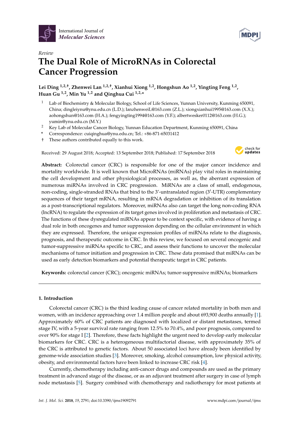 The Dual Role of Micrornas in Colorectal Cancer Progression