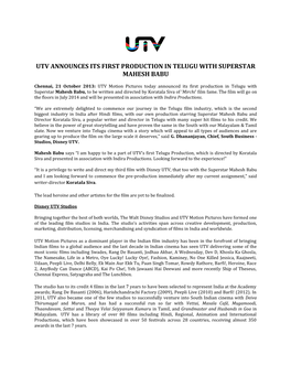 Utv Announces Its First Production in Telugu with Superstar Mahesh Babu