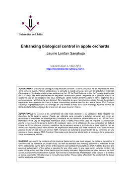 Enhancing Biological Control in Apple Orchards Jaume Lordan Sanahuja