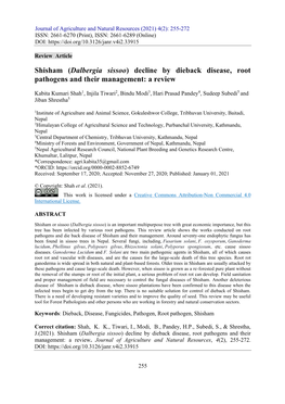 Shisham (Dalbergia Sissoo) Decline by Dieback Disease, Root Pathogens and Their Management: a Review