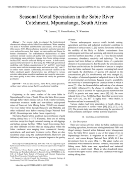 Seasonal Metal Speciation in the Sabie River Catchment, Mpumalanga, South Africa