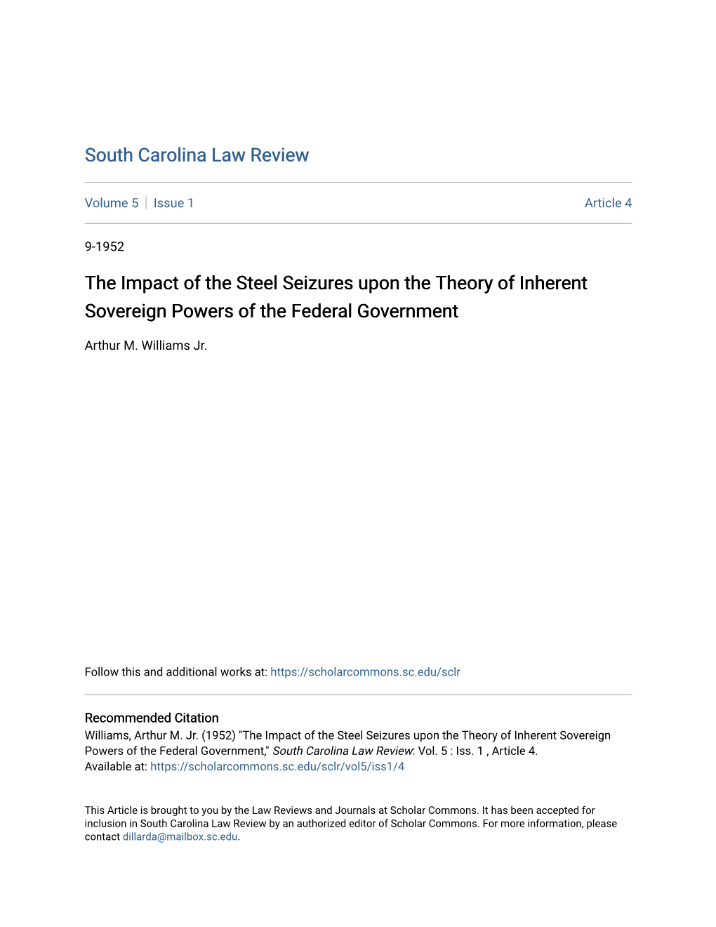 The Impact of the Steel Seizures Upon the Theory of Inherent Sovereign Powers of the Federal Government