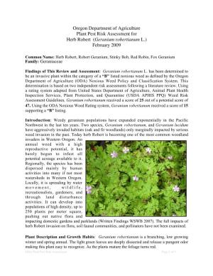 Oregon Department of Agriculture Plant Pest Risk Assessment for Herb Robert (Geranium Robertianum L.) February 2009
