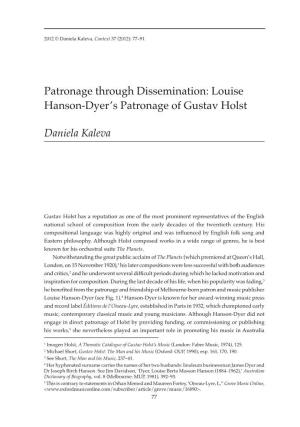 Patronage Through Dissemination: Louise Hanson-Dyer’S Patronage of Gustav Holst