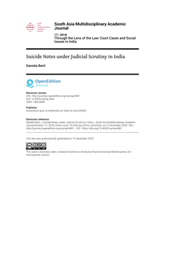 South Asia Multidisciplinary Academic Journal, 17 | 2018 Suicide Notes Under Judicial Scrutiny in India 2