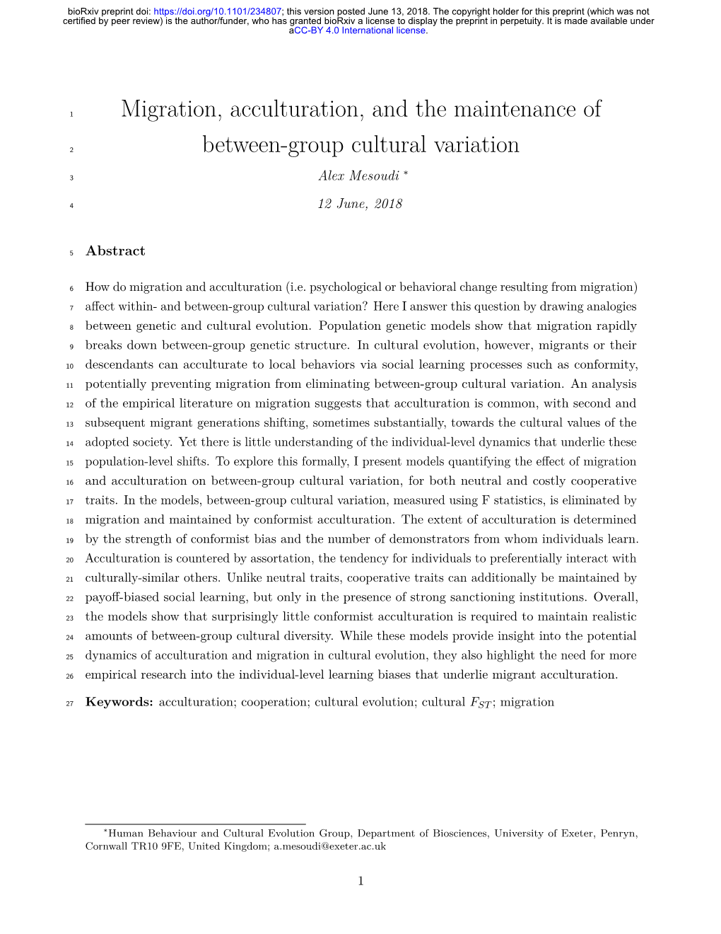 Migration, Acculturation, and the Maintenance of Between-Group Cultural Variation’