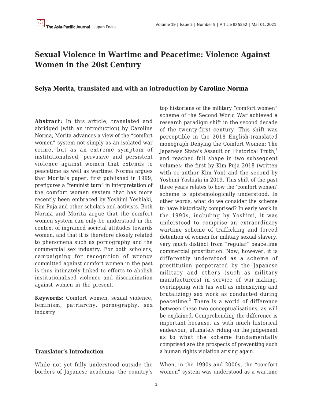Sexual Violence in Wartime and Peacetime: Violence Against Women in the 20St Century