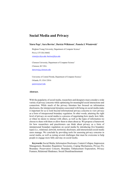 Page Et Al. "Social Media and Privacy"