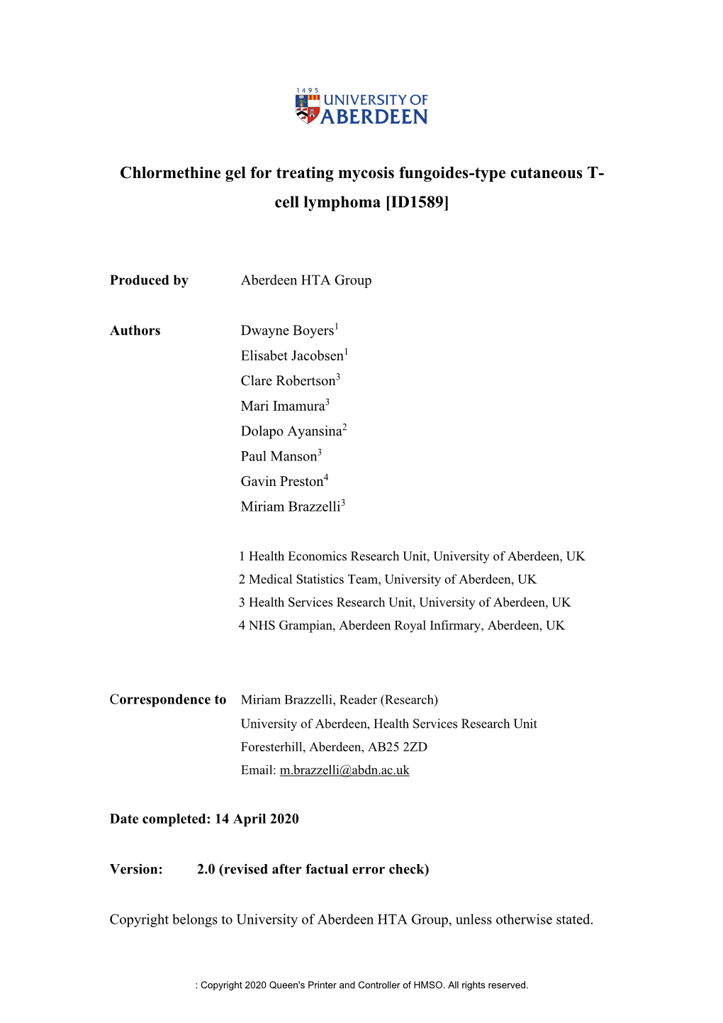 Chlormethine Gel for Treating Mycosis Fungoides-Type Cutaneous T- Cell Lymphoma [ID1589]