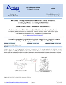 Maculine: a Furoquinoline Alkaloid from the Family Rutaceae: Sources, Syntheses and Biological Activities