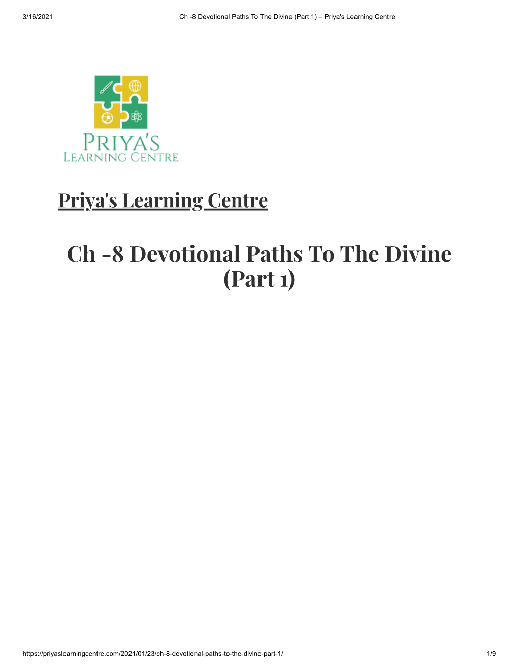 Ch-8-Devotional-Paths-To-The-Divine-Part-1/ 1/9 3/16/2021 Ch -8 Devotional Paths to the Divine (Part 1) – Priya's Learning Centre