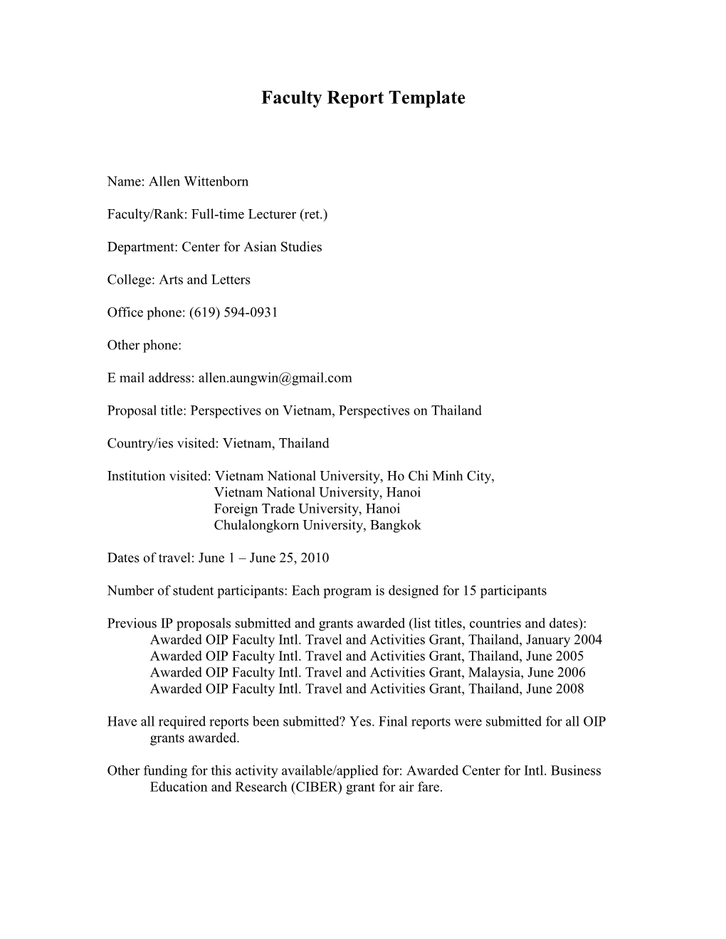 Faculty Report Template