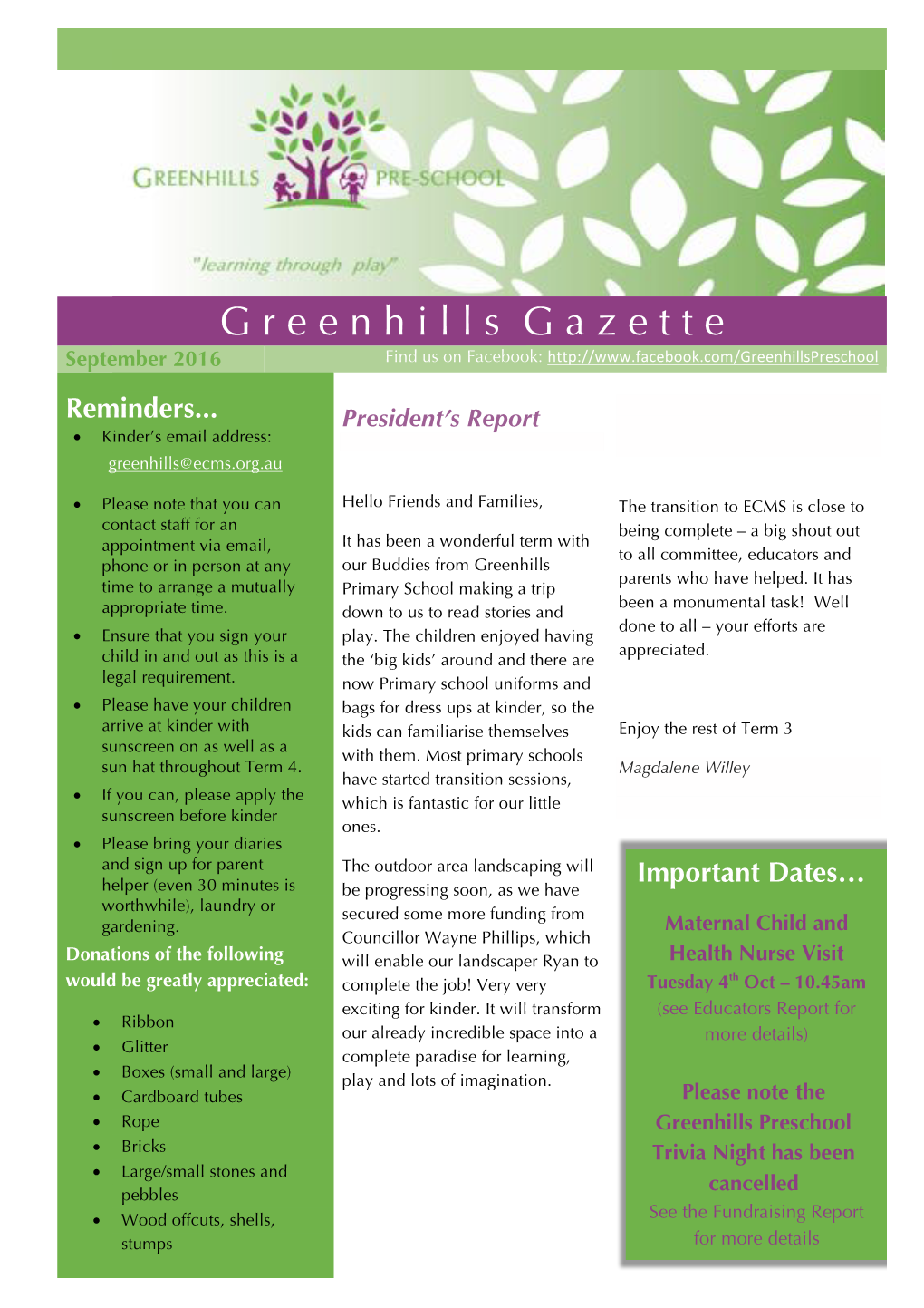 Sept 2016 Greenhills Newsletter
