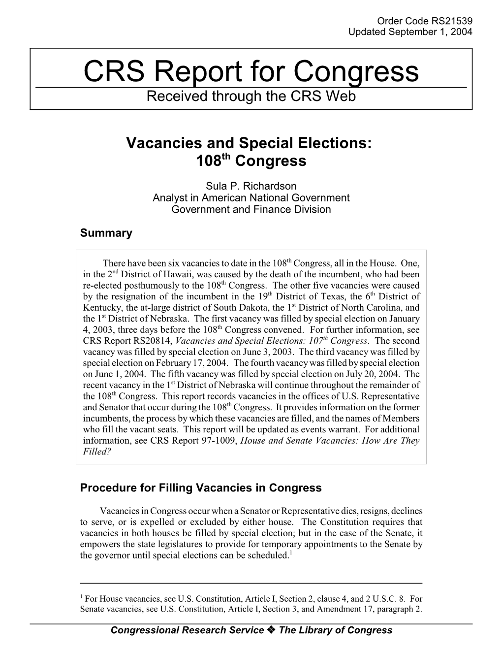 Vacancies and Special Elections: 108Th Congress