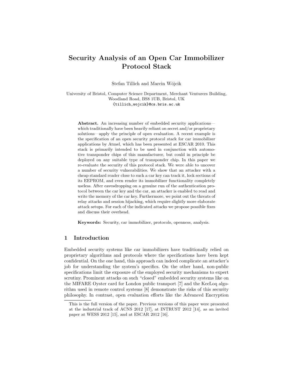 Security Analysis of an Open Car Immobilizer Protocol Stack