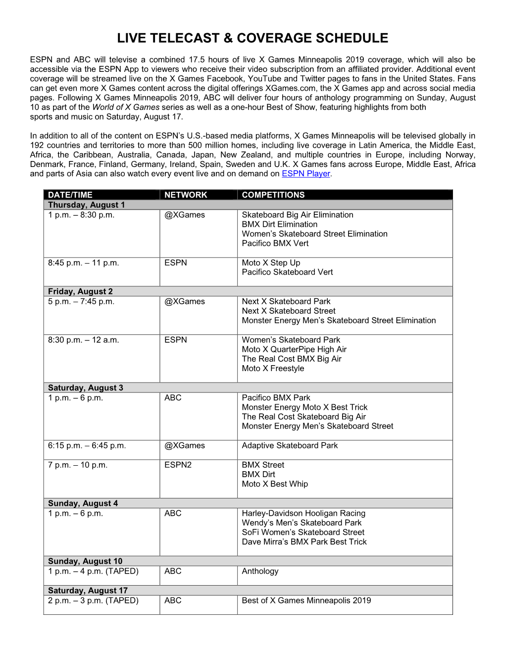 Live Telecast & Coverage Schedule