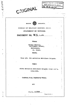 ROINN COSANTA. BUREAU of MILITARY HISTORY, 1913-21. STATEMENT by WITNESS. DOCUMENT No. W.S. 1,075 Witness Thomas Shalloo, Parlia