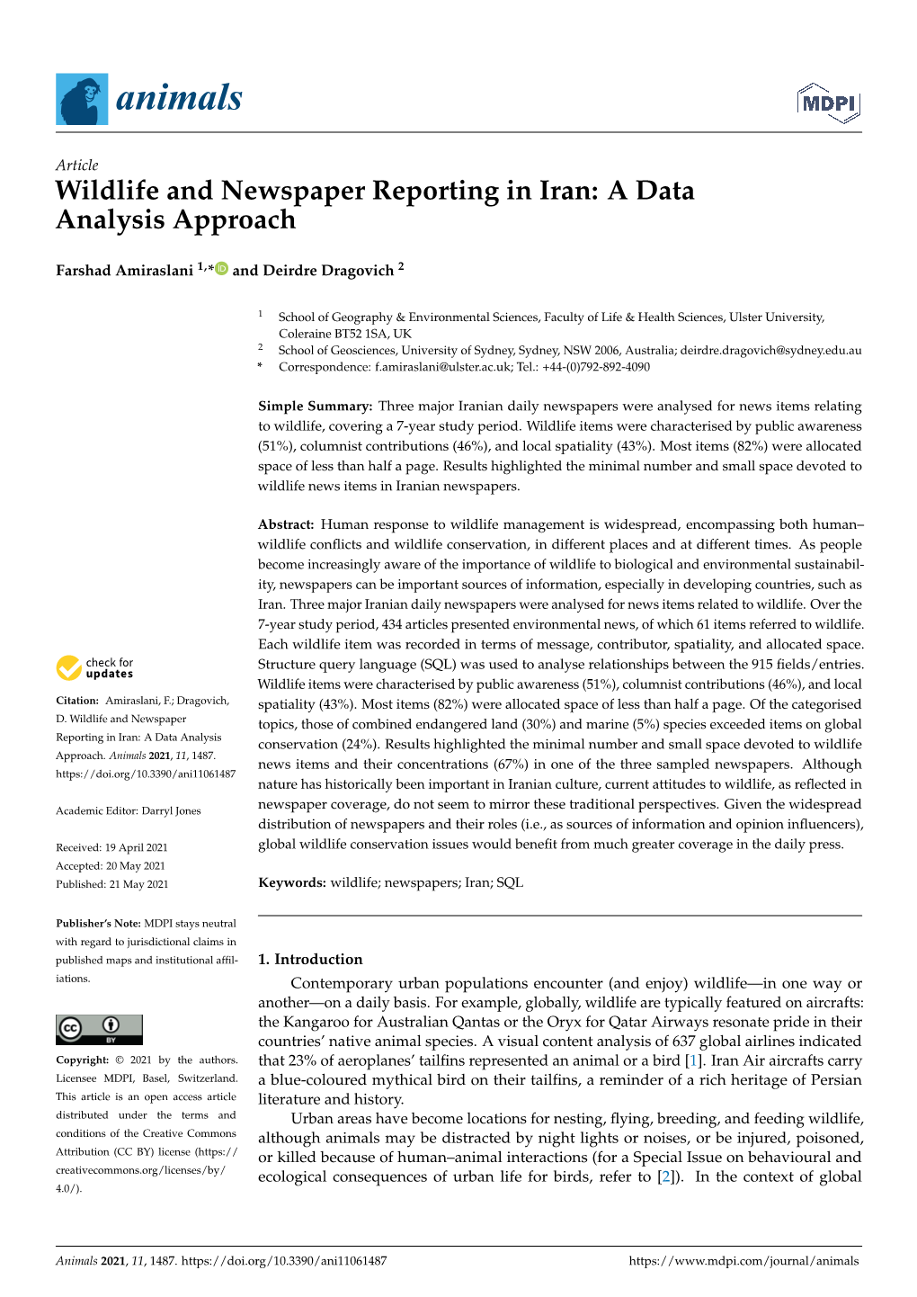 Wildlife and Newspaper Reporting in Iran: a Data Analysis Approach