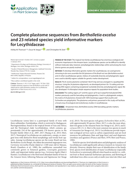 Complete Plastome Sequences from Bertholletia Excelsa and 23 Related Species Yield Informative Markers for Lecythidaceae