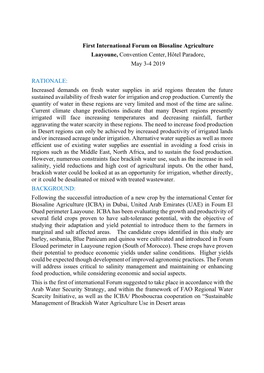 First International Forum on Biosaline Agriculture Laayoune, Convention Center, Hôtel Paradore, May 3-4 2019