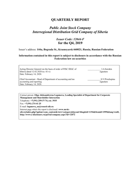 QUARTERLY REPORT Public Joint Stock Company Interregional Distribution Grid Company of Siberia for the Q4, 2019