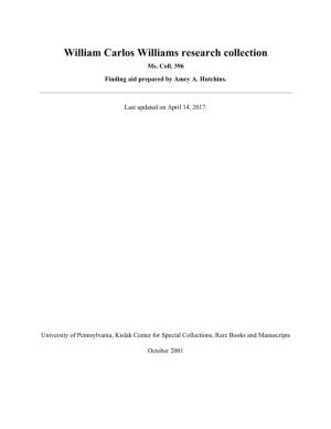 William Carlos Williams Research Collection Ms