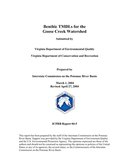 Benthic Tmdls for the Goose Creek Watershed