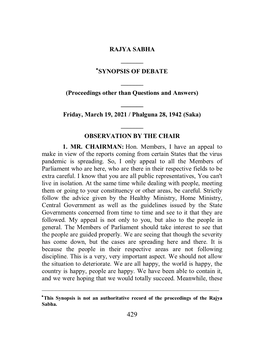 SYNOPSIS of DEBATE ______(Proceedings Other Than Questions and Answers) ______Friday, March 19, 2021 / Phalguna 28, 1942 (Saka) ______OBSERVATION by the CHAIR 1