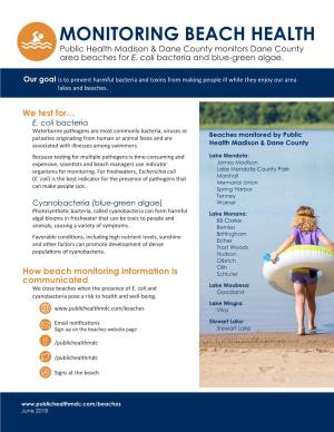 MONITORING BEACH HEALTH Public Health Madison & Dane County Monitors Dane County Area Beaches for E