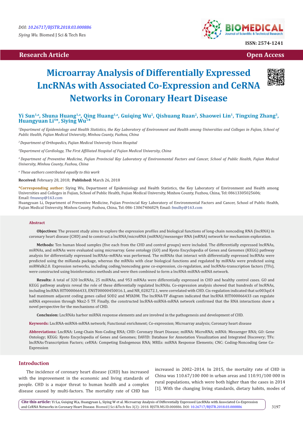 Microarray Analysis of Differentially Expressed Lncrnas with Associated Co-Expression and Cerna Networks in Coronary Heart Disease