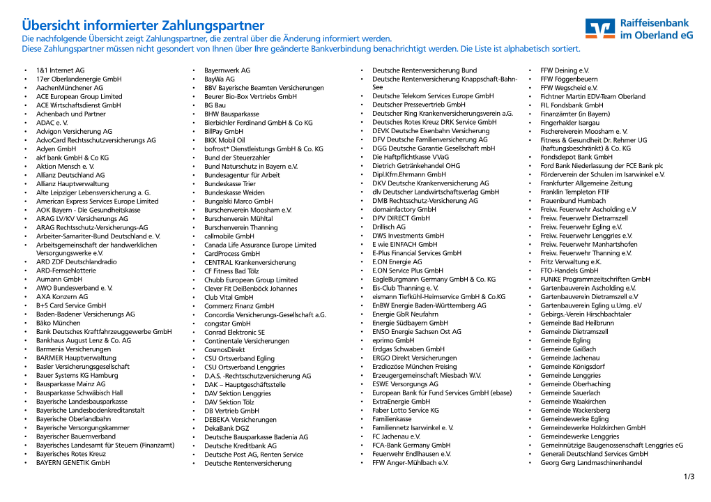 Übersicht Informierter Zahlungspartner Die Nachfolgende Übersicht Zeigt Zahlungspartner, Die Zentral Über Die Änderung Informiert Werden