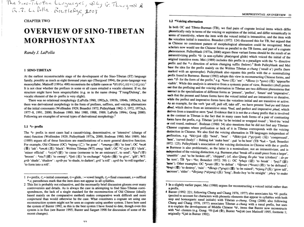 Overview of Sino-Tibetan Morphosynt Ax