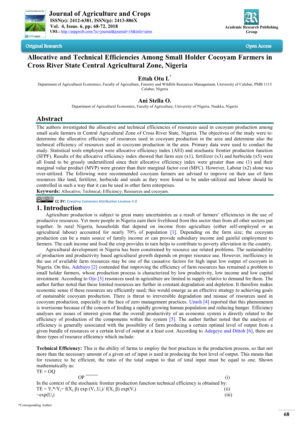 Journal of Agriculture and Crops Allocative and Technical