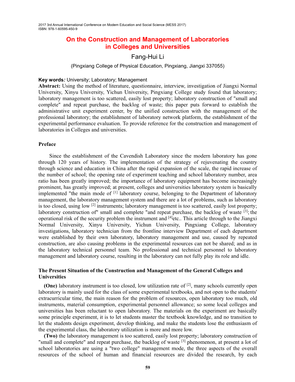 On the Construction and Management of Laboratories in Colleges and Universities Fang-Hui Li (Pingxiang College of Physical Education, Pingxiang, Jiangxi 337055)